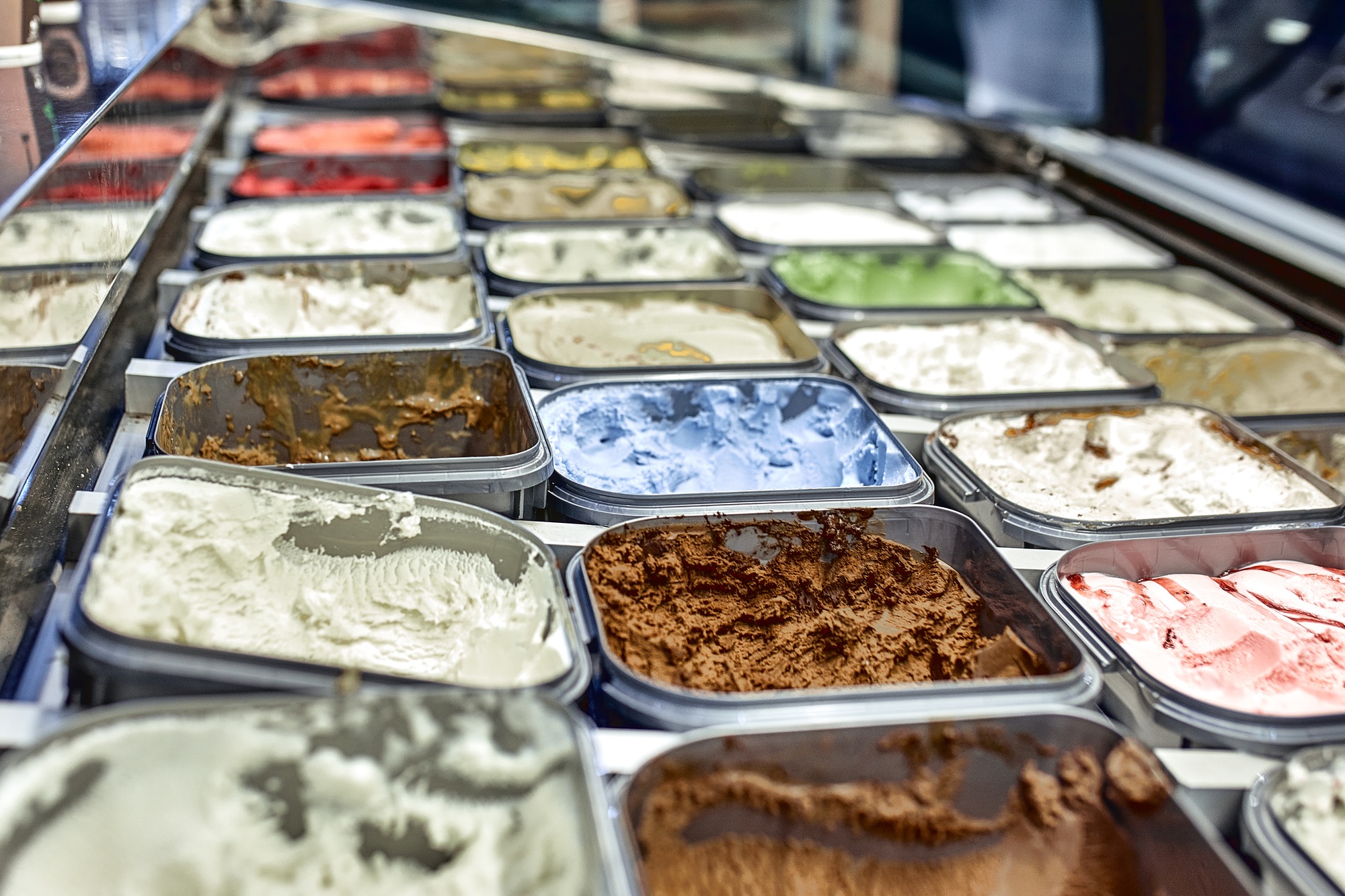 Ice cream showcase with lots of different sorts of ice cream.
